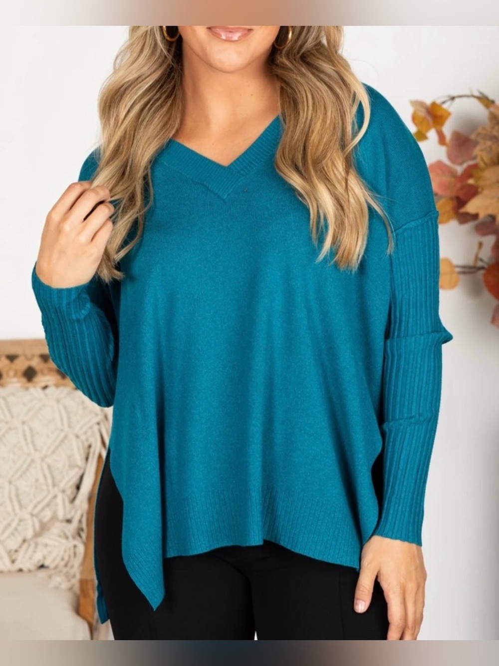 Zenana Outfitters viscose Ribbed hem & longsleeve v neck Sweater